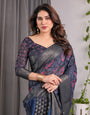 Navy Blue Handloom Linen Saree with Red Floral Print & Geometric Patterned Pallu | Antique Zari Border & Tassels | Attached Blouse | 5.5m Saree + 0.8m Blouse