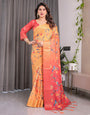 Sunset Orange Handloom Linen Saree with Bluebird & Floral Digital Print | Contrasting Red Pallu & Gold Zari Border | Tassel Detailing | Attached Blouse | 5.5m Saree + 0.8m Blouse