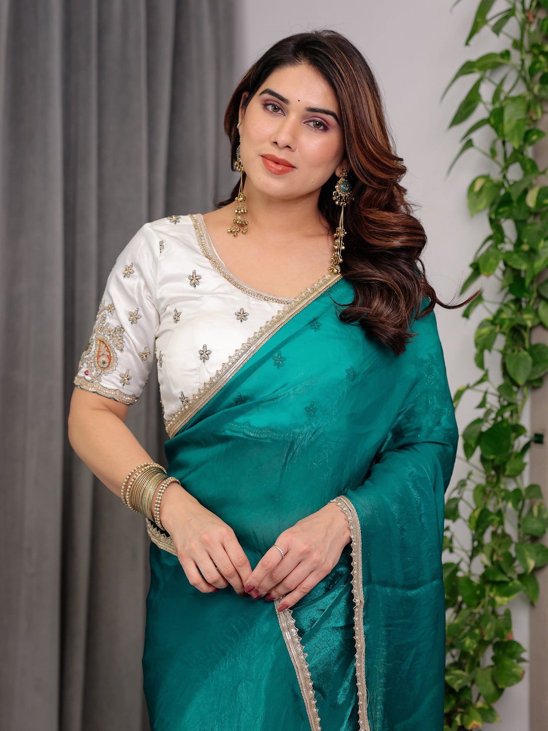 Emerald Green Fendy Satin Saree with Pearl Lace Border & Tassel Pallu | Premium Shimmer Satin Saree with Heavy Embroidered Designer Blouse | Zari Floral & Peacock Embroidery Blouse Festive Saree