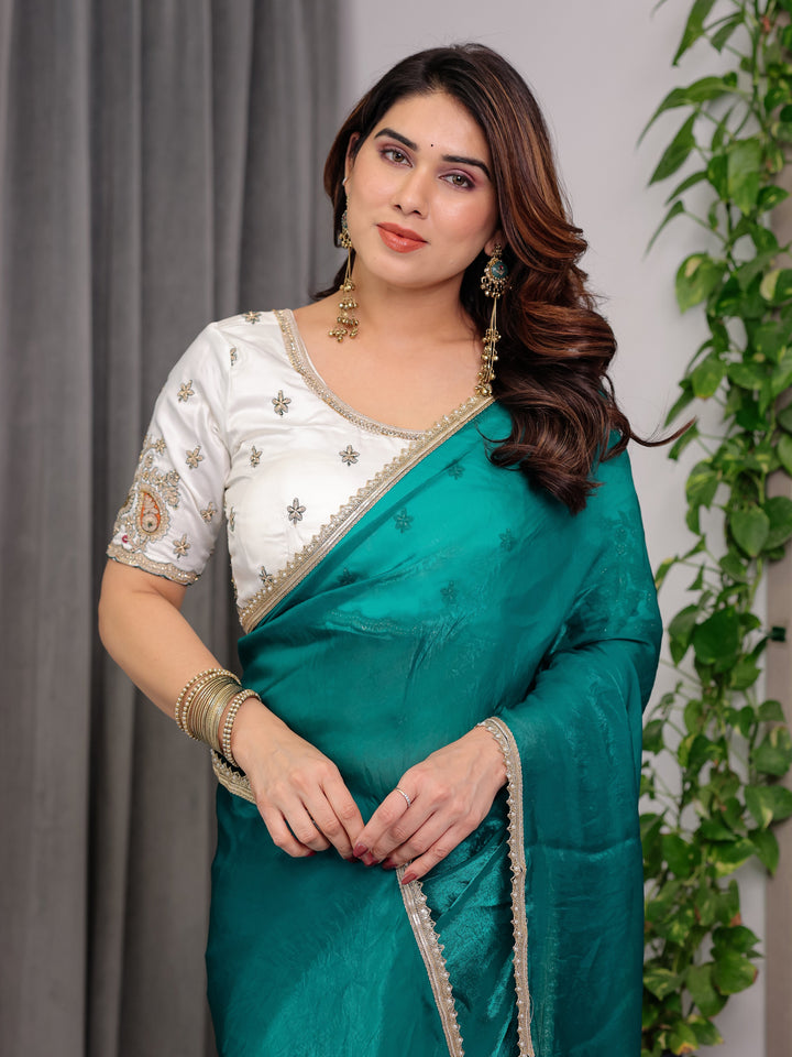 Emerald Green Fendy Satin Saree with Pearl Lace Border & Tassel Pallu | Premium Shimmer Satin Saree with Heavy Embroidered Designer Blouse | Zari Floral & Peacock Embroidery Blouse Festive Saree