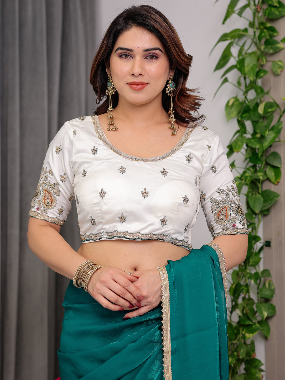 Emerald Green Fendy Satin Saree with Pearl Lace Border & Tassel Pallu | Premium Shimmer Satin Saree with Heavy Embroidered Designer Blouse | Zari Floral & Peacock Embroidery Blouse Festive Saree