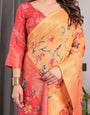 Sunset Orange Handloom Linen Saree with Bluebird & Floral Digital Print | Contrasting Red Pallu & Gold Zari Border | Tassel Detailing | Attached Blouse | 5.5m Saree + 0.8m Blouse