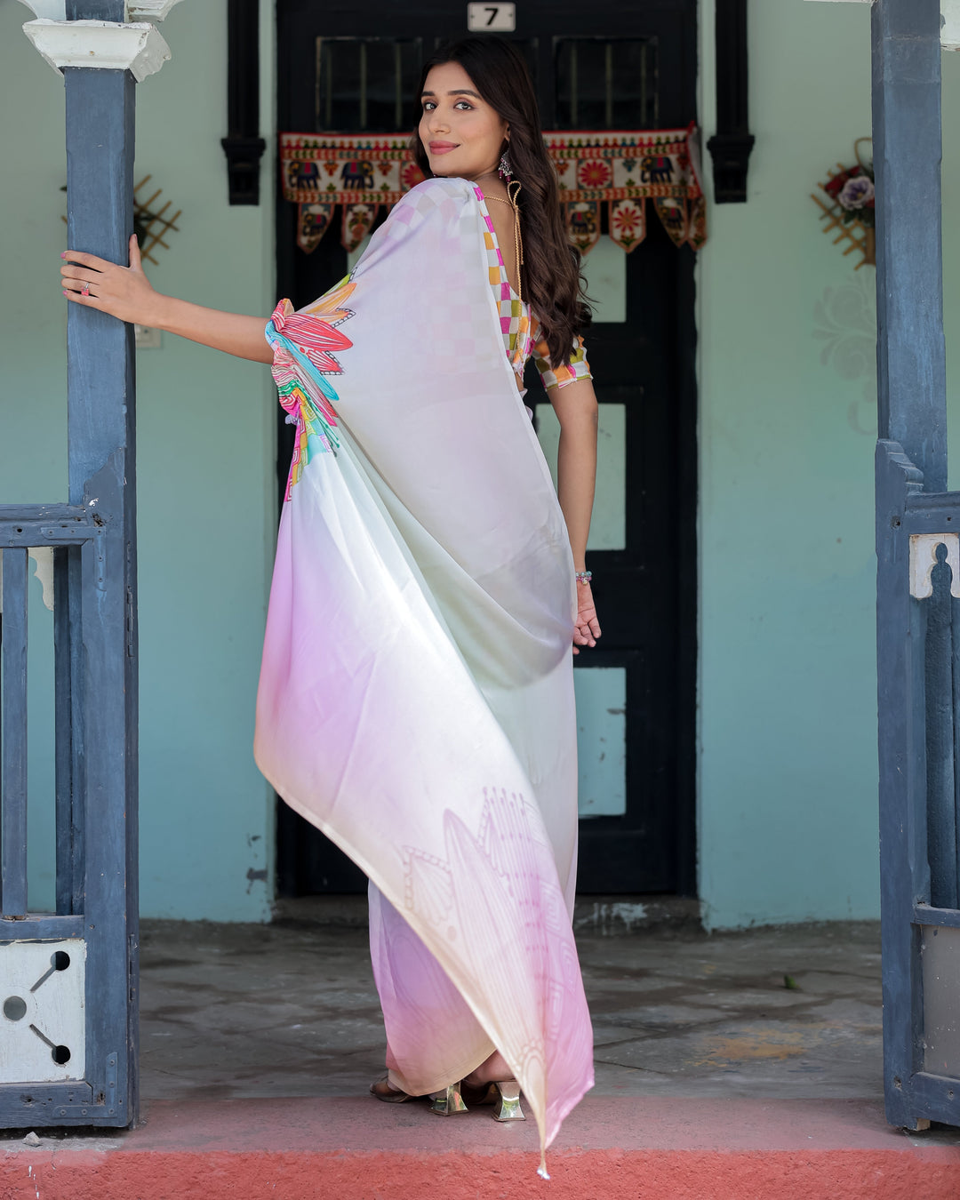 Blush Pink and White Ombre Satin Saree with Mandala Cutout Pallu & Fuchsia Blouse – Elegant Designer Drape