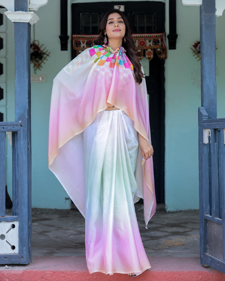Blush Pink and White Ombre Satin Saree with Mandala Cutout Pallu & Fuchsia Blouse – Elegant Designer Drape
