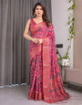 Rani Pink Handloom Linen Saree with Floral Vine Print & Paisley Pallu | Gold Zari Border & Tassel Detailing | Attached Blouse | 5.5m Saree + 0.8m Blouse
