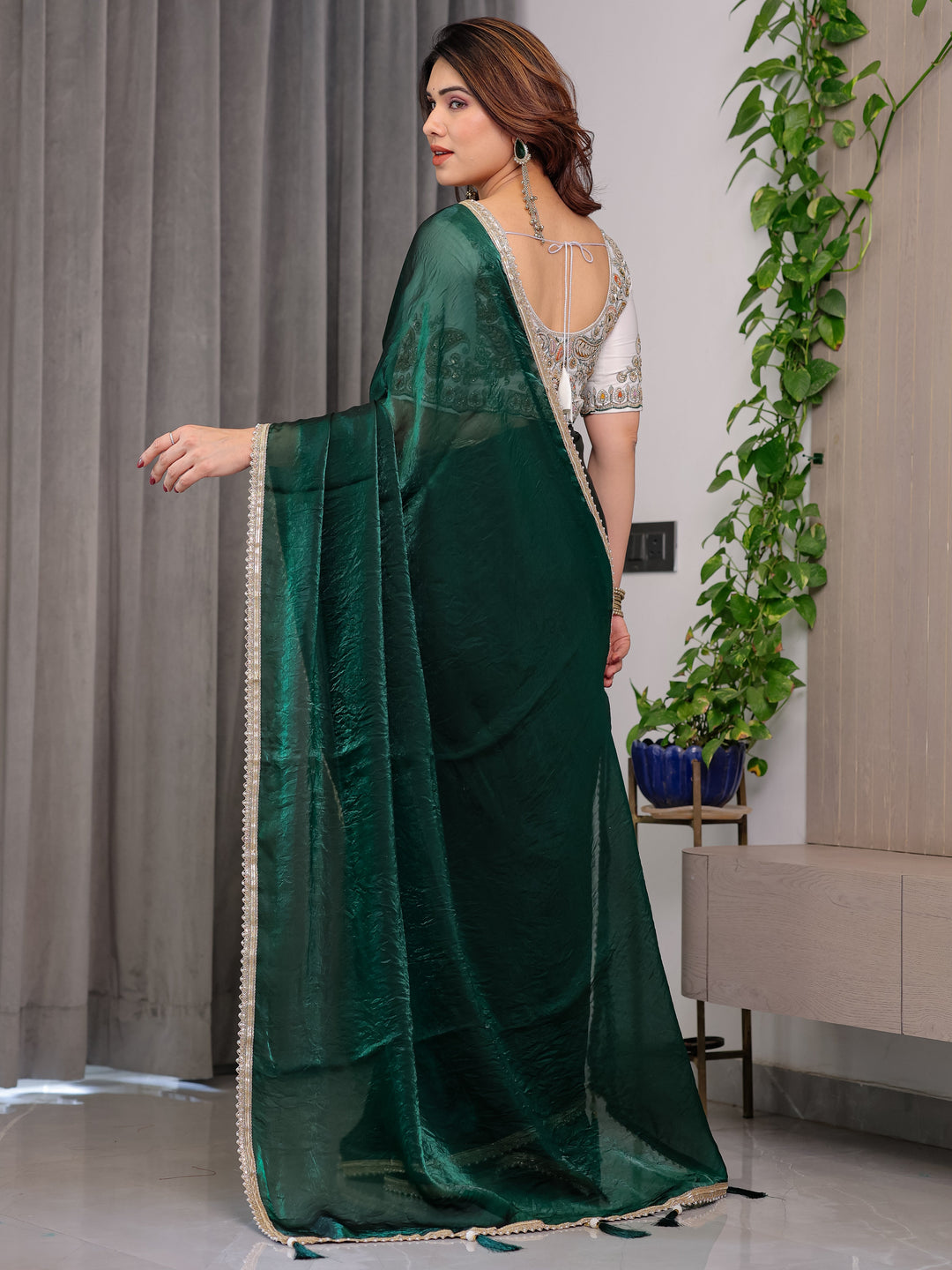 Emerald Bottle Green Fendy Satin Saree with Pearl Lace Border & Tassel Pallu | Premium Shimmer Satin Saree with Heavy Embroidered Designer Blouse | Zari Floral Paisley Embroidery Blouse Festive Saree