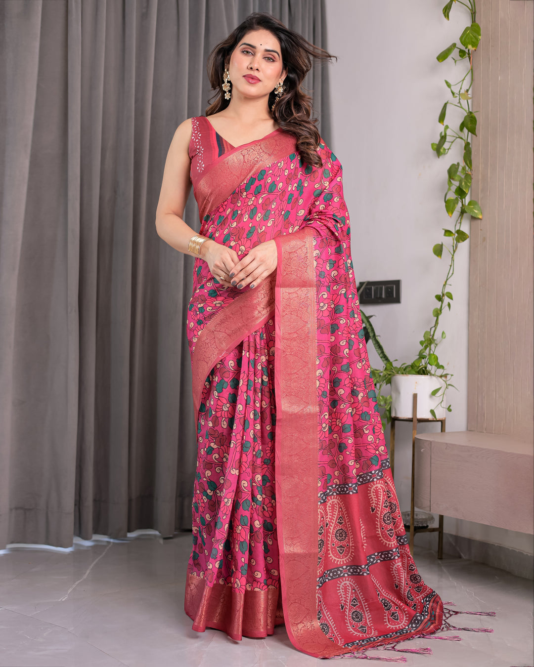Rani Pink Handloom Linen Saree with Floral Vine Print & Paisley Pallu | Gold Zari Border & Tassel Detailing | Attached Blouse | 5.5m Saree + 0.8m Blouse