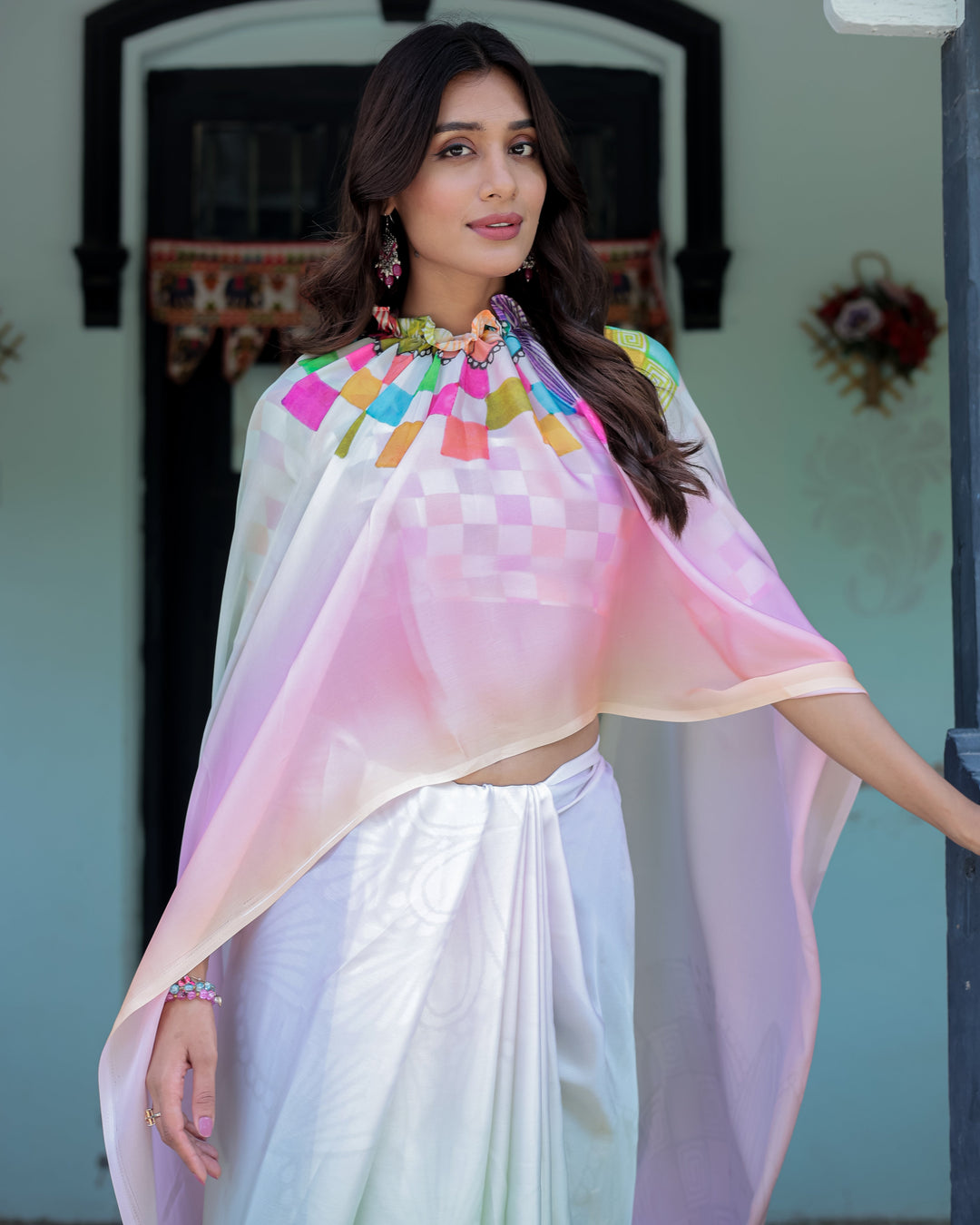 Blush Pink and White Ombre Satin Saree with Mandala Cutout Pallu & Fuchsia Blouse – Elegant Designer Drape