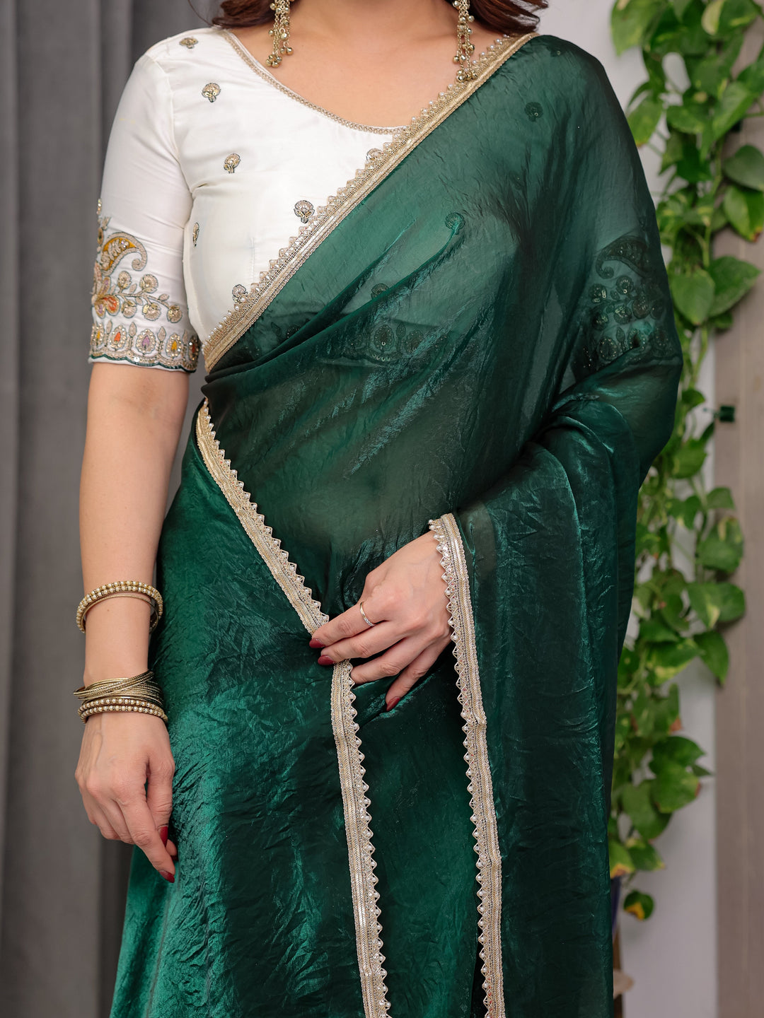 Emerald Bottle Green Fendy Satin Saree with Pearl Lace Border & Tassel Pallu | Premium Shimmer Satin Saree with Heavy Embroidered Designer Blouse | Zari Floral Paisley Embroidery Blouse Festive Saree