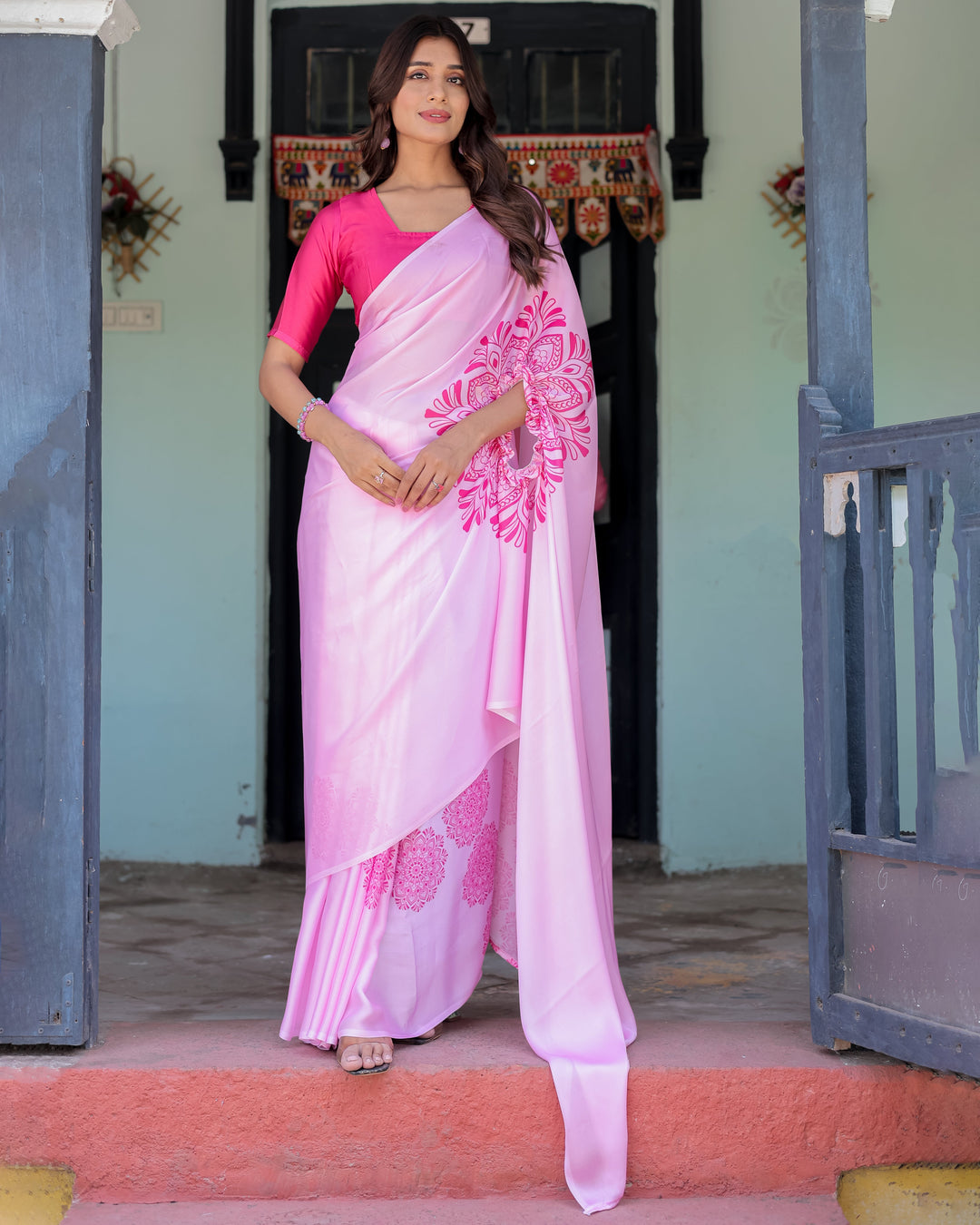 Elegant Baby Pink Satin Feel Saree with Mandala Print & Hot Pink Blouse – Designer Partywear Saree with Attached Blouse Piece