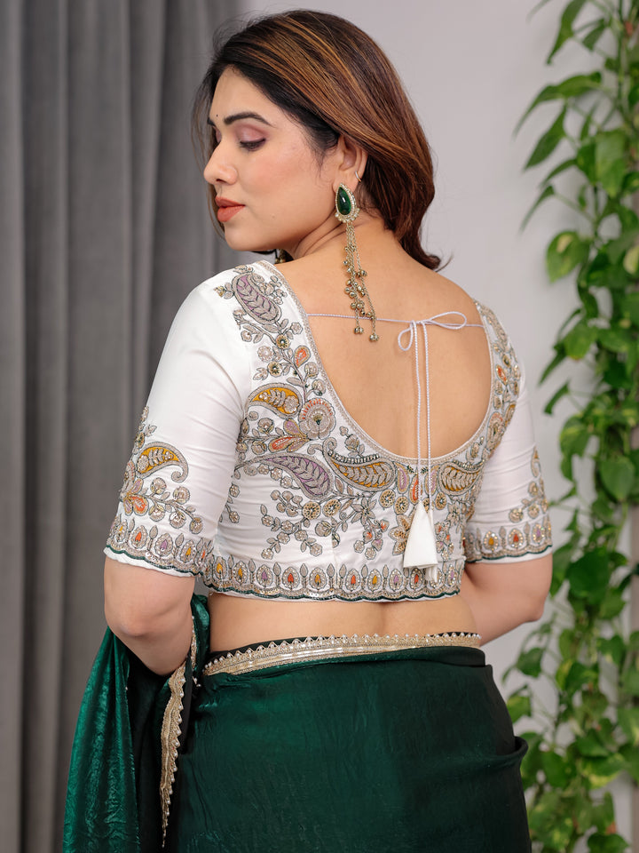 Emerald Bottle Green Fendy Satin Saree with Pearl Lace Border & Tassel Pallu | Premium Shimmer Satin Saree with Heavy Embroidered Designer Blouse | Zari Floral Paisley Embroidery Blouse Festive Saree