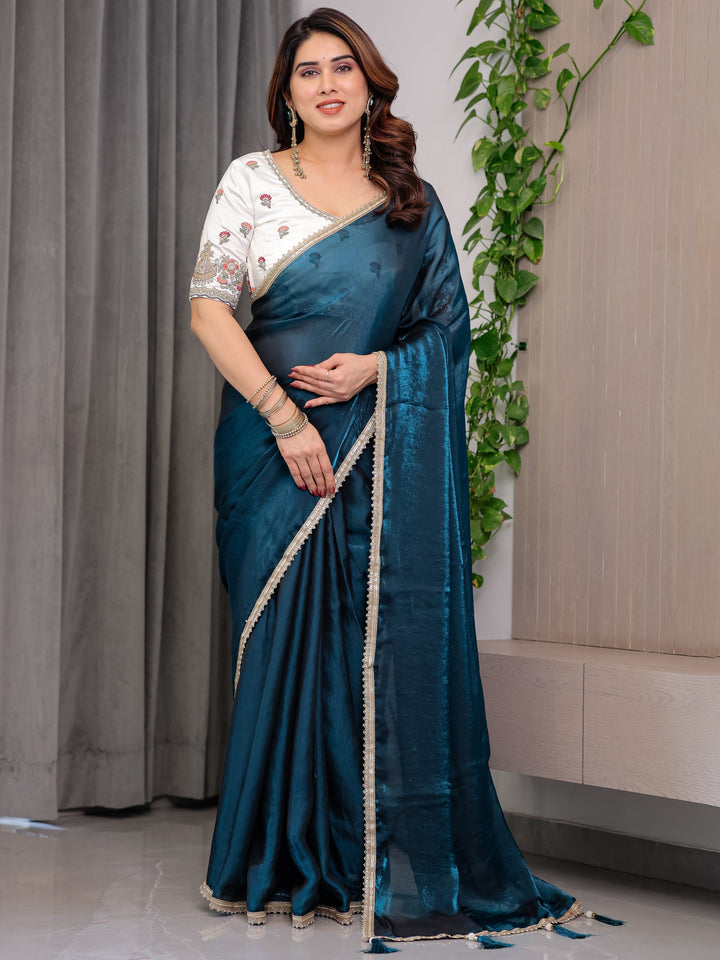 Deep Teal Fendy Satin Designer Saree with Pearl Lace Border & Tassel Pallu | Premium Shimmer Satin Saree with Heavy Floral Embroidered Ivory Blouse | Wedding & Festive Wear Saree