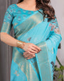 Turquoise Blue Handloom Linen Saree with Floral Digital Print & Golden Zari Border | Tassel Detailing | Attached Blouse | 5.5m Saree + 0.8m Blouse