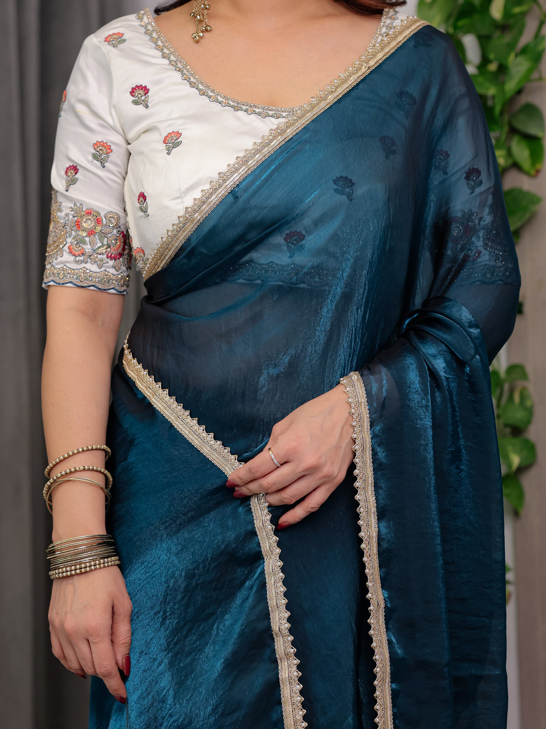 Deep Teal Fendy Satin Designer Saree with Pearl Lace Border & Tassel Pallu | Premium Shimmer Satin Saree with Heavy Floral Embroidered Ivory Blouse | Wedding & Festive Wear Saree