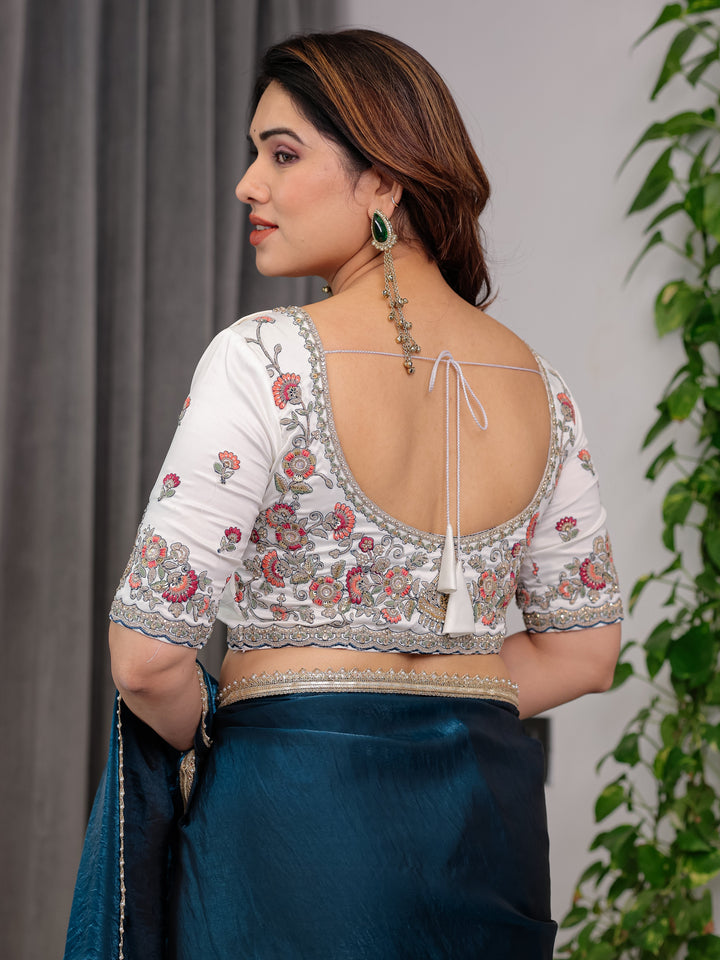 Deep Teal Fendy Satin Designer Saree with Pearl Lace Border & Tassel Pallu | Premium Shimmer Satin Saree with Heavy Floral Embroidered Ivory Blouse | Wedding & Festive Wear Saree