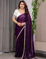 Royal Plum Purple Fendy Satin Designer Saree with Pearl Lace Border & Tassel Pallu | Premium Shimmer Satin Saree with Heavy Floral Embroidered Ivory Blouse | Wedding & Festive Wear Saree