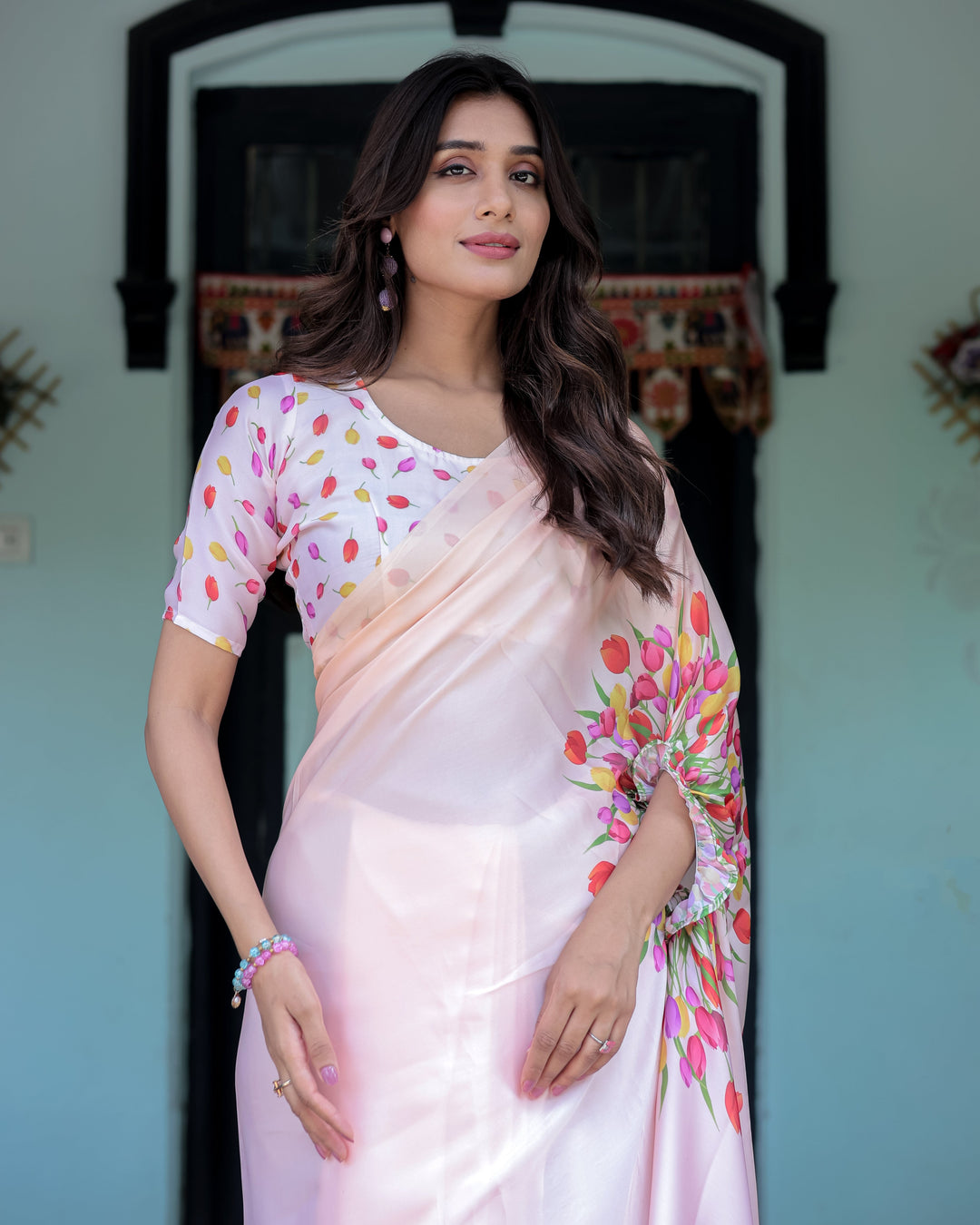 Peach Pink Satin Georgette Designer Saree with Tulip Mandala Artwork & Printed Blouse | Handsfree Pallu Loop