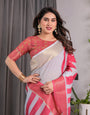 White & Pink Handloom Linen Saree with Geometric Flag Print & Gold Zari Border | Festive Tassel Detailing | Attached Blouse | 5.5m Saree + 0.8m Blouse