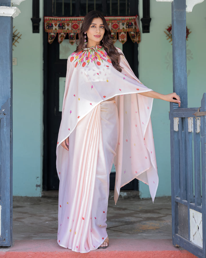 Peach Pink Satin Georgette Designer Saree with Tulip Mandala Artwork & Printed Blouse | Handsfree Pallu Loop