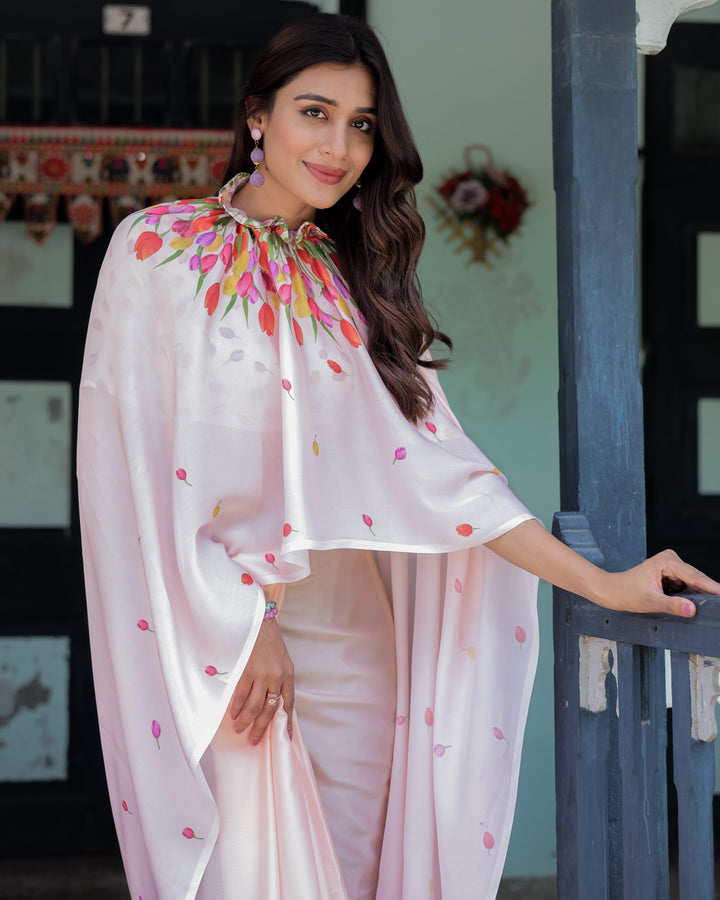 Peach Pink Satin Georgette Designer Saree with Tulip Mandala Artwork & Printed Blouse | Handsfree Pallu Loop