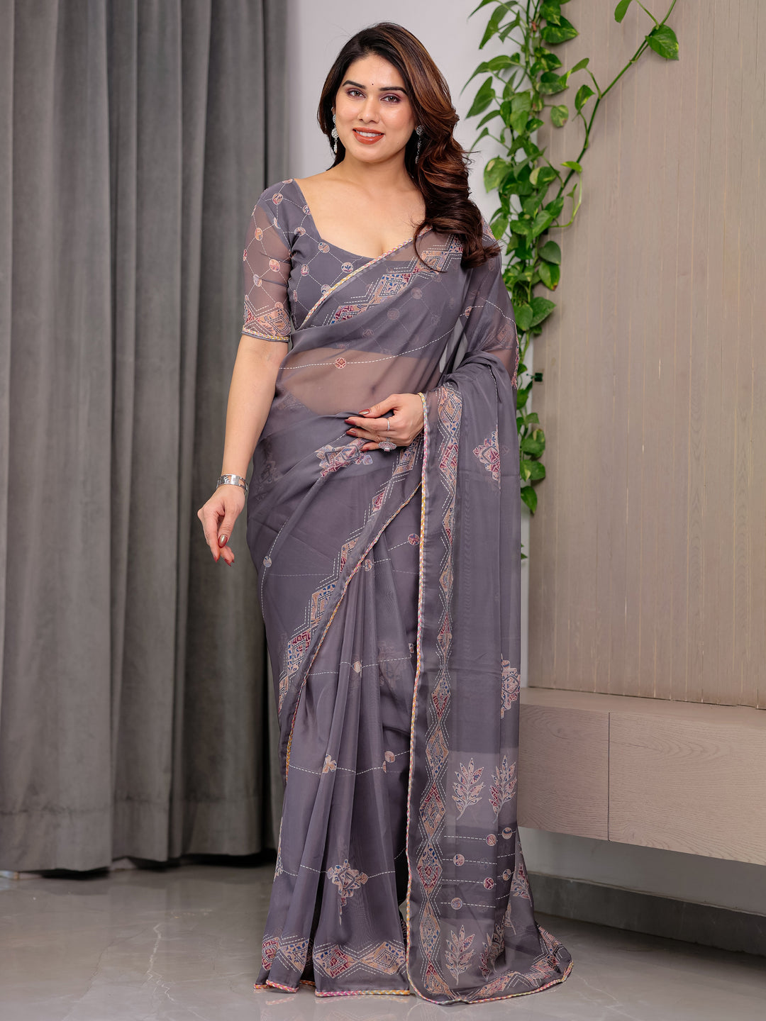 Smoky Grey Printed Organza Saree with Ethnic Motifs & Multicolour Lace Border | Designer Lightweight Organza Saree with Attached Blouse Piece | Elegant Festive & Party Wear Saree