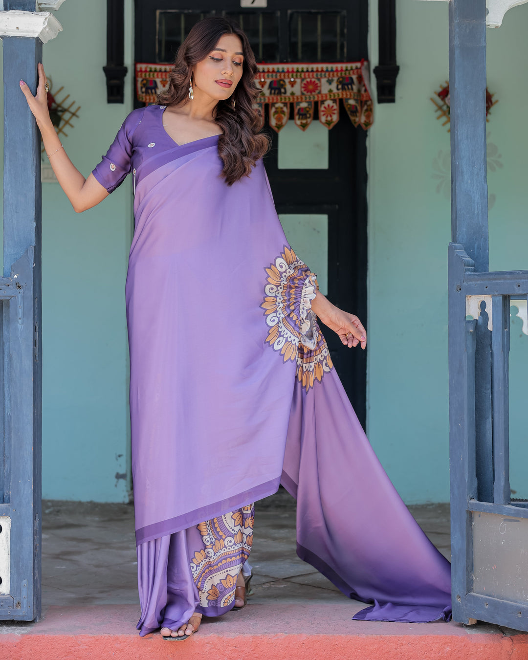 Lavender Purple Satin Georgette Saree with Earthy Mandala Print & Printed Pleats | Handsfree Loop Drape