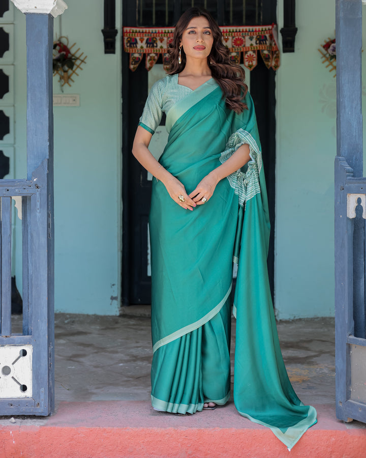 Emerald Green Satin Georgette Designer Saree with Striped Mandala Detail & Mint Textured Blouse | Handsfree Pallu Loop