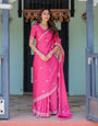 Vibrant Rani Pink Freehand Floral Printed Saree in Satin Georgette with Ivory Border & Designer Blouse | 5.5m Saree + 0.8m Blouse Piece