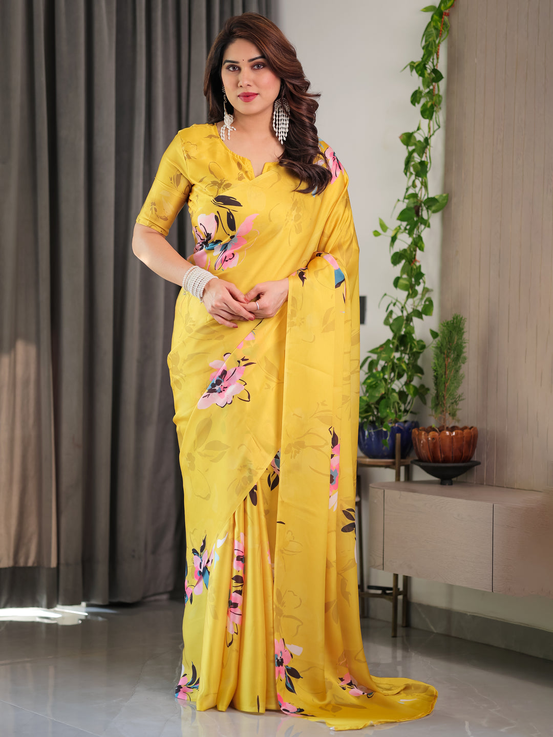 Sunshine Yellow Floral Satin Georgette Saree with Multicolor Watercolour Flowers & Designer Back-Knot Blouse