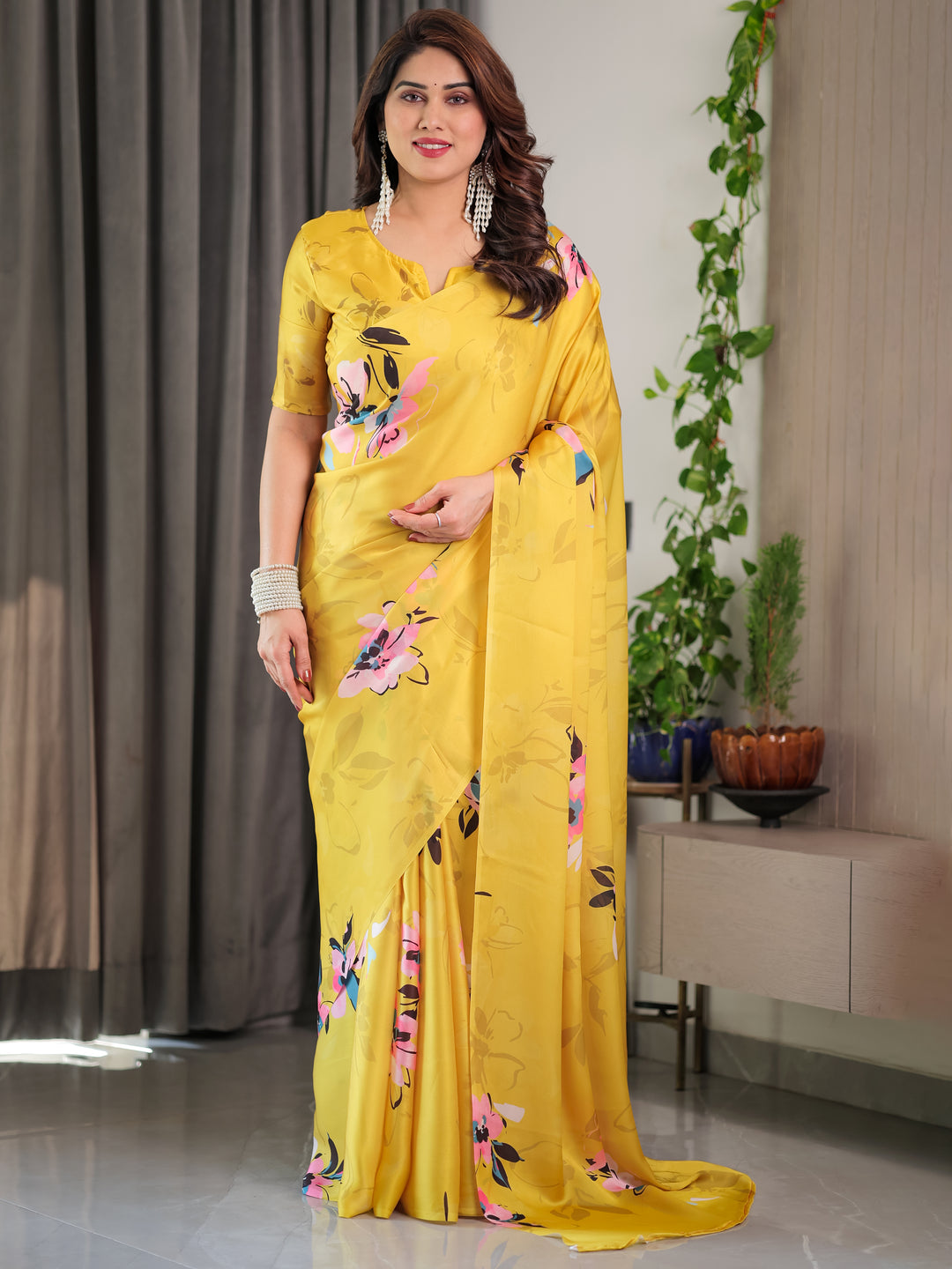 Sunshine Yellow Floral Satin Georgette Saree with Multicolor Watercolour Flowers & Designer Back-Knot Blouse