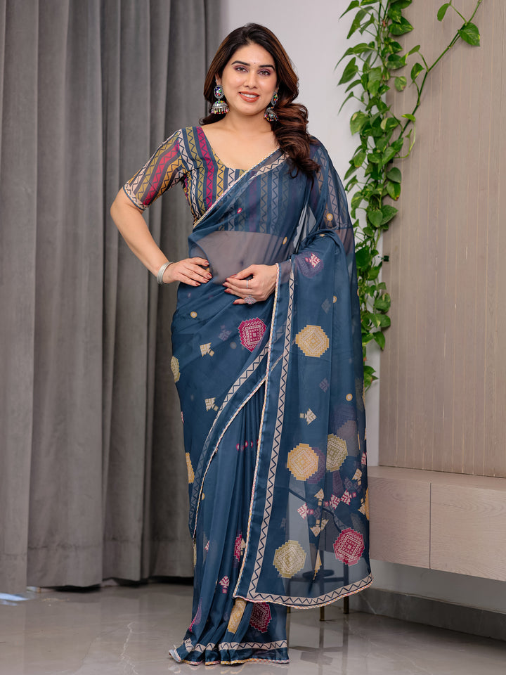 Navy Blue Printed Organza Saree with Geometric Motifs & Multicolour Lace Border | Designer Lightweight Organza Saree with Attached Blouse Piece | Elegant Festive & Party Wear Saree