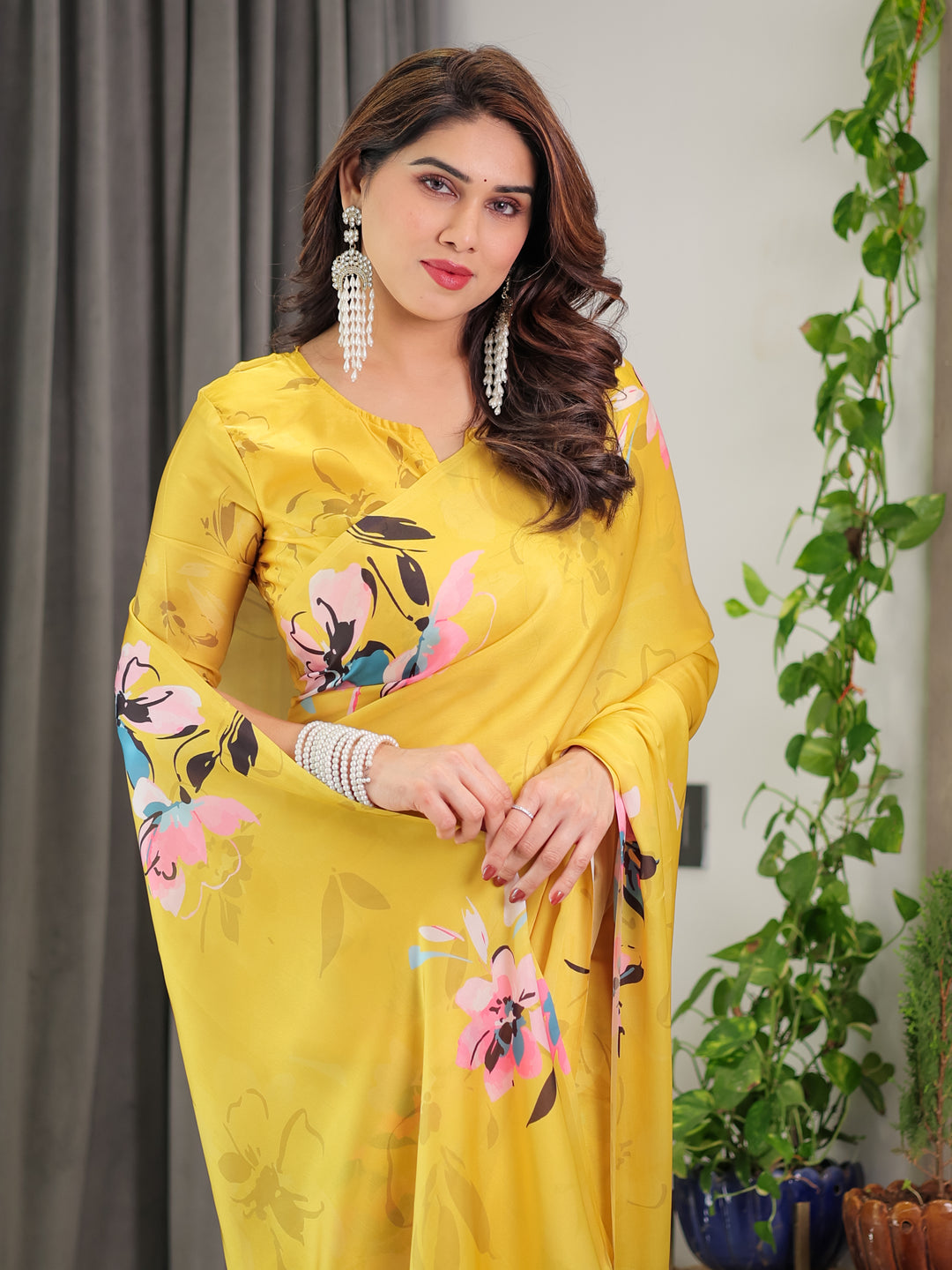 Sunshine Yellow Floral Satin Georgette Saree with Multicolor Watercolour Flowers & Designer Back-Knot Blouse