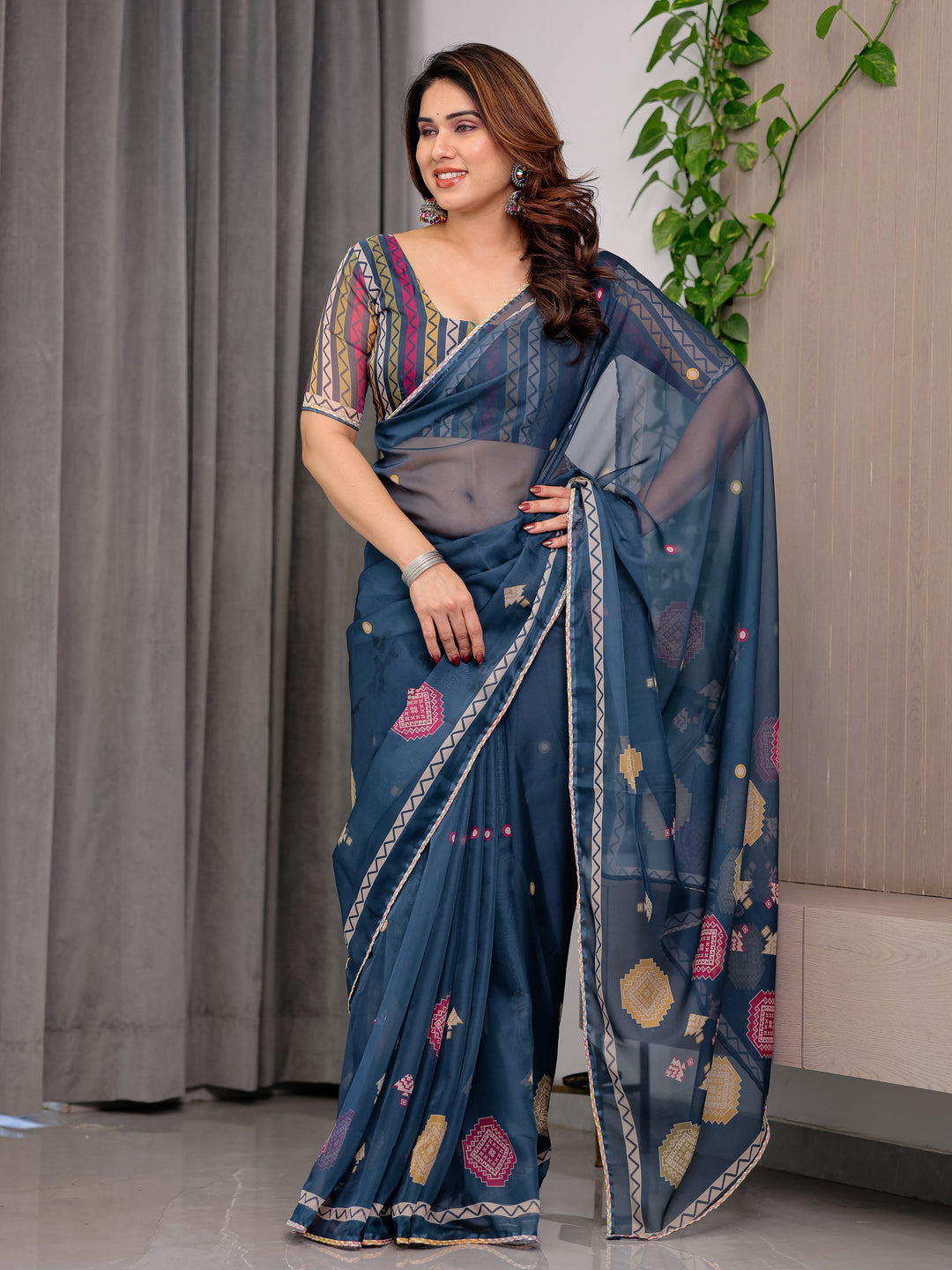 Navy Blue Printed Organza Saree with Geometric Motifs & Multicolour Lace Border | Designer Lightweight Organza Saree with Attached Blouse Piece | Elegant Festive & Party Wear Saree
