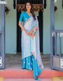 Sky Blue Satin Georgette Polka Dot Saree with Floral Pallu & Teal Blouse | Handsfree Draping Loop
