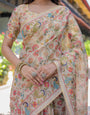 Ivory Beige Handloom Cotton Saree with Multicolor Floral & Peacock Tree of Life Pallu