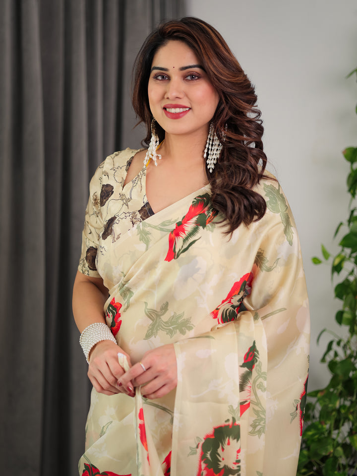 Cream Floral Satin Georgette Saree with Red & Green Artistic Flower Print and Designer Contrast Blouse