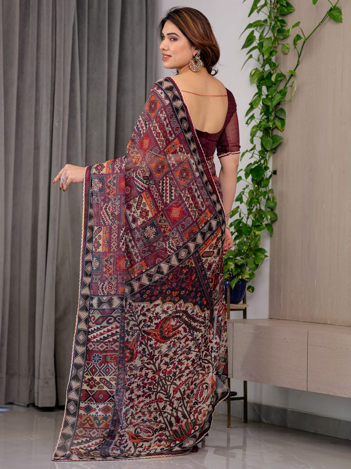 Maroon Tribal Geometric Printed Organza Saree with Kalamkari Inspired Pallu | Designer Ethnic Patchwork Style Organza Saree with Attached Blouse Piece | Festive & Party Wear Saree
