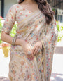 Ivory Cream Handloom Cotton Saree with Peacock & Floral Digital Print