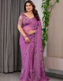 Royal Orchid Pink Printed Organza Saree with Geometric Motif Design & Multicolour Lace Border | Designer Lightweight Organza Saree with Attached Blouse Piece | Elegant Festive Wear Saree