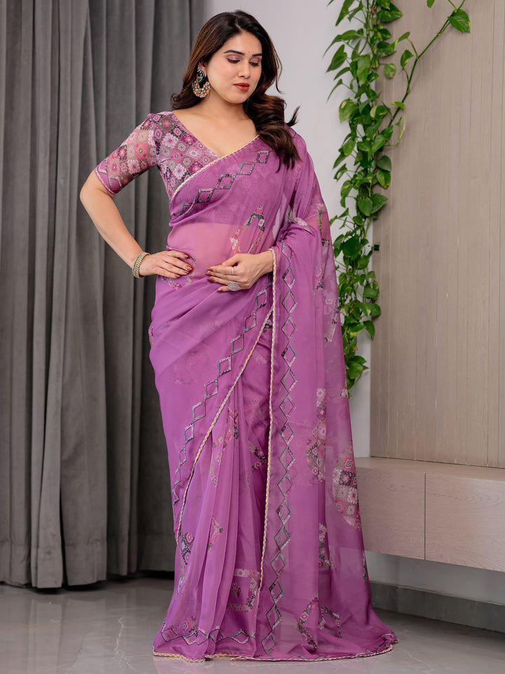 Royal Orchid Pink Printed Organza Saree with Geometric Motif Design & Multicolour Lace Border | Designer Lightweight Organza Saree with Attached Blouse Piece | Elegant Festive Wear Saree