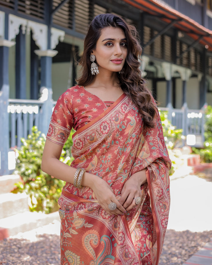 Rust Red Handloom Cotton Saree with Artistic Peacock & Floral Print – Contrast Blouse Included