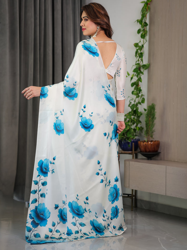 White & Blue Floral Satin Georgette Saree with Watercolour Bloom Print and Designer Back-Tie Blouse
