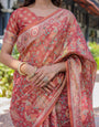 Rust Red Handloom Cotton Saree with Artistic Peacock & Floral Print – Contrast Blouse Included