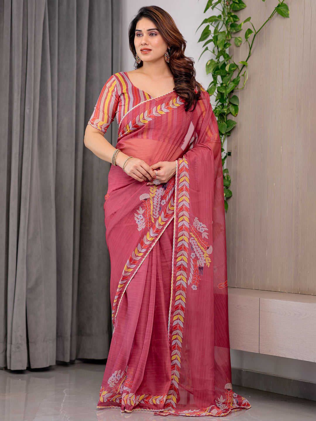 Rose Red Floral Printed Organza Saree with Multicolour Leaf Border | Lightweight Designer Organza Saree with Attached Blouse Piece | Elegant Festive & Party Wear Saree