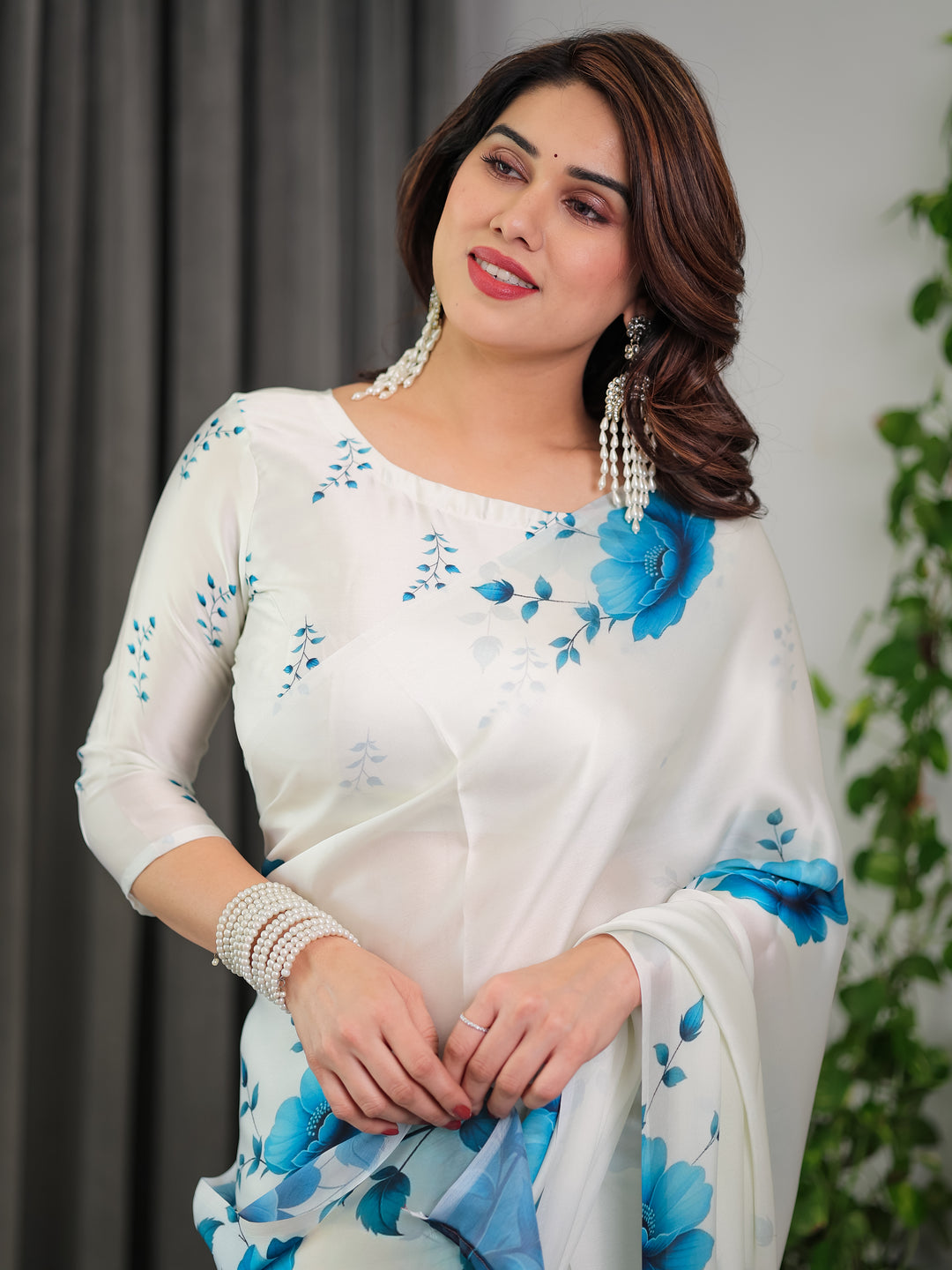 White & Blue Floral Satin Georgette Saree with Watercolour Bloom Print and Designer Back-Tie Blouse