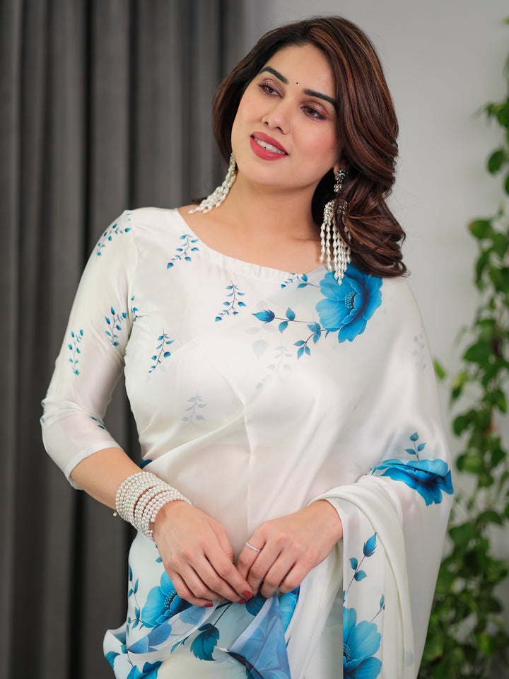 White & Blue Floral Satin Georgette Saree with Watercolour Bloom Print and Designer Back-Tie Blouse
