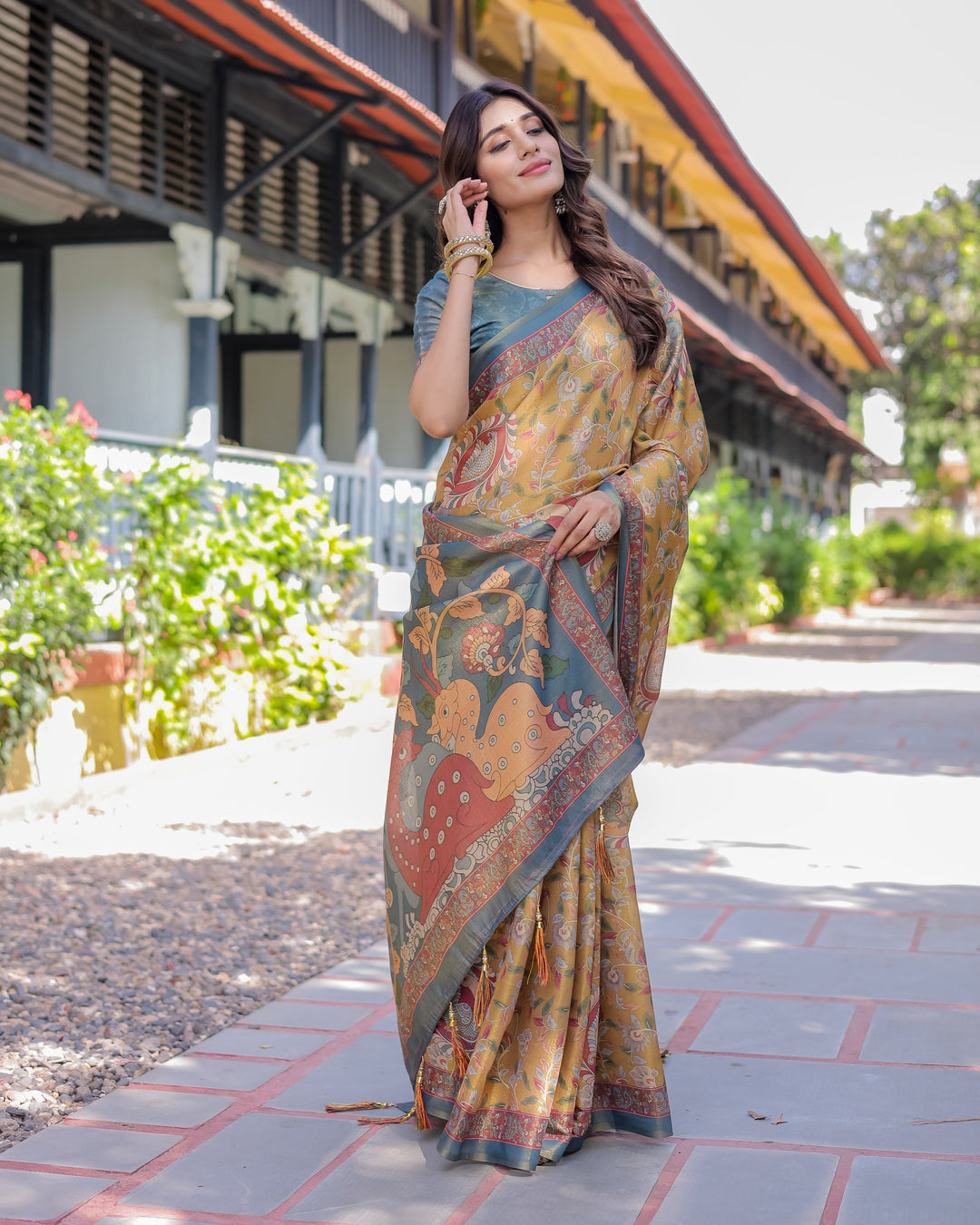 Yellow Handloom Cotton Saree with Intricate Peacock & Floral Art – Contrast Green Pallu