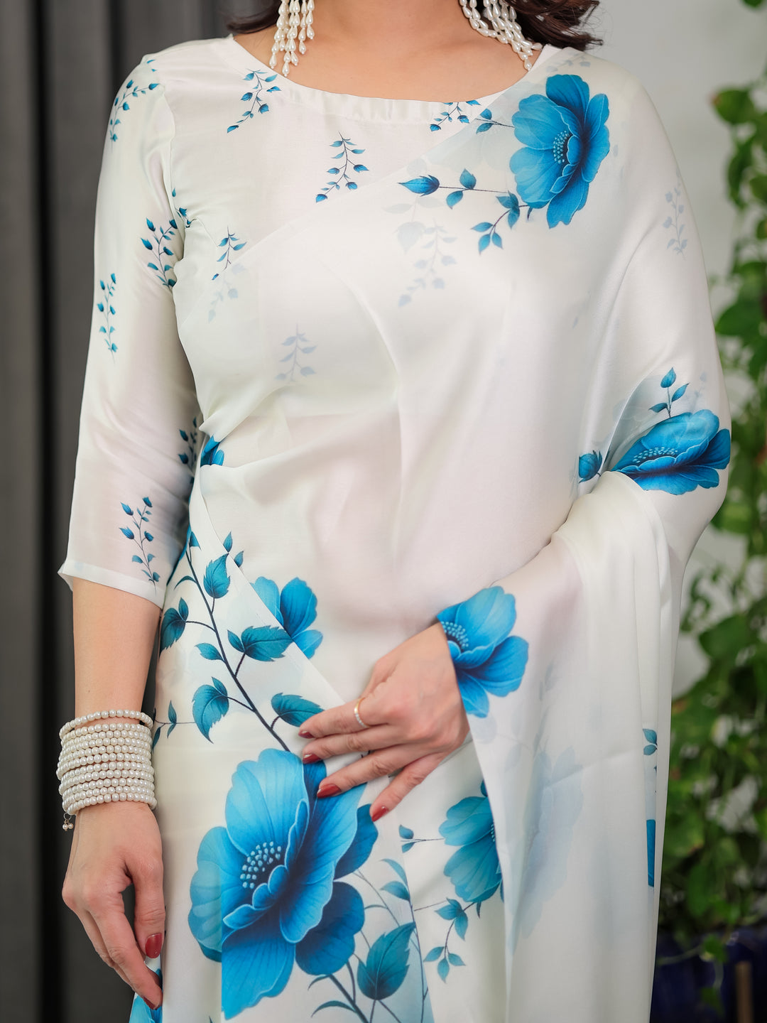 White & Blue Floral Satin Georgette Saree with Watercolour Bloom Print and Designer Back-Tie Blouse