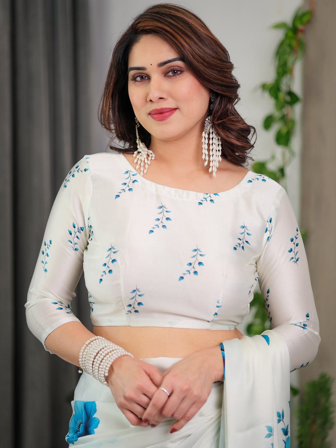 White & Blue Floral Satin Georgette Saree with Watercolour Bloom Print and Designer Back-Tie Blouse