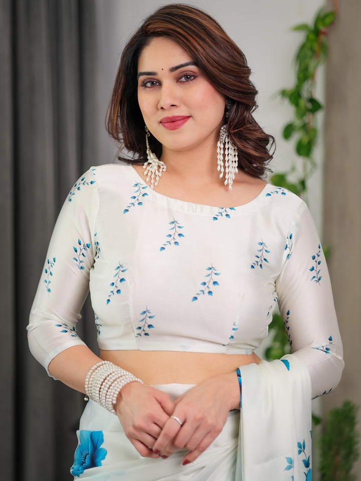 White & Blue Floral Satin Georgette Saree with Watercolour Bloom Print and Designer Back-Tie Blouse